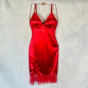 Sexy Red satin dress deep v neck with lace bottom trimming and slit bodycon